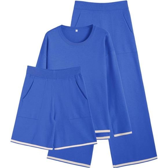 Set 3 Piece Outfit Long Sleeve Knit Pullover Wide Leg Pants Lounge Set